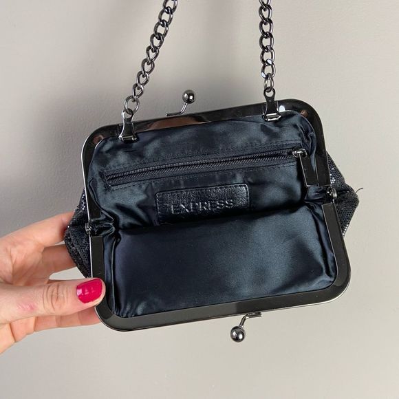 VTG 90s Y2K Sparkley Clanshell Express Clutch with Chain - Picture 4 of 5